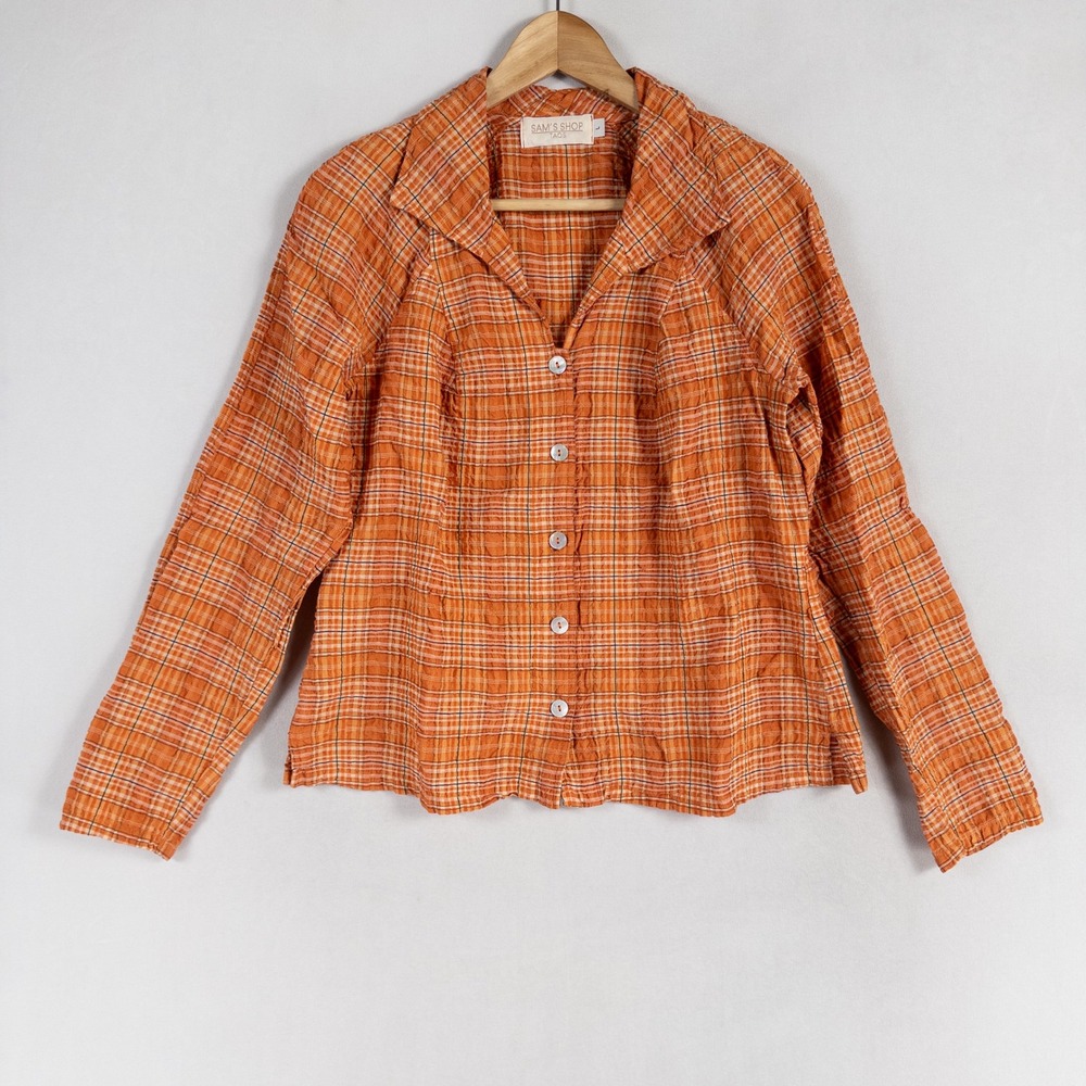 Sam's Shop Taos Shirt Womens Large Orange Plaid Seersucker Button Up Long Sleeve